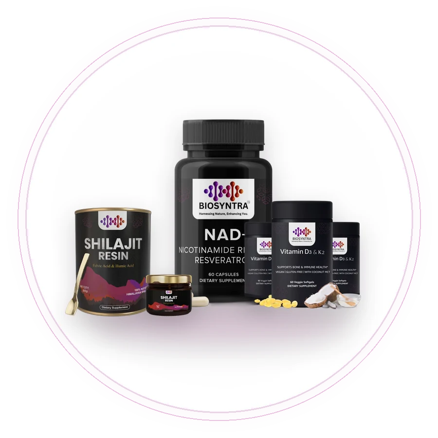 Biosyntra NAD+, Shilajit Resin and Vitamin D3 & K2 supplements
